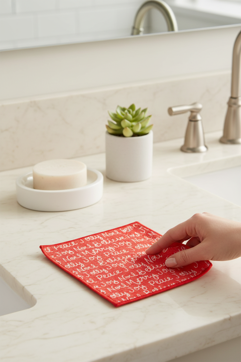 Crae.Home Double-Sided Washcloth in Seasons Greetings on a bathroom counter, perfect for everyday use in the bath and kitchen, and easy hostess gifts
