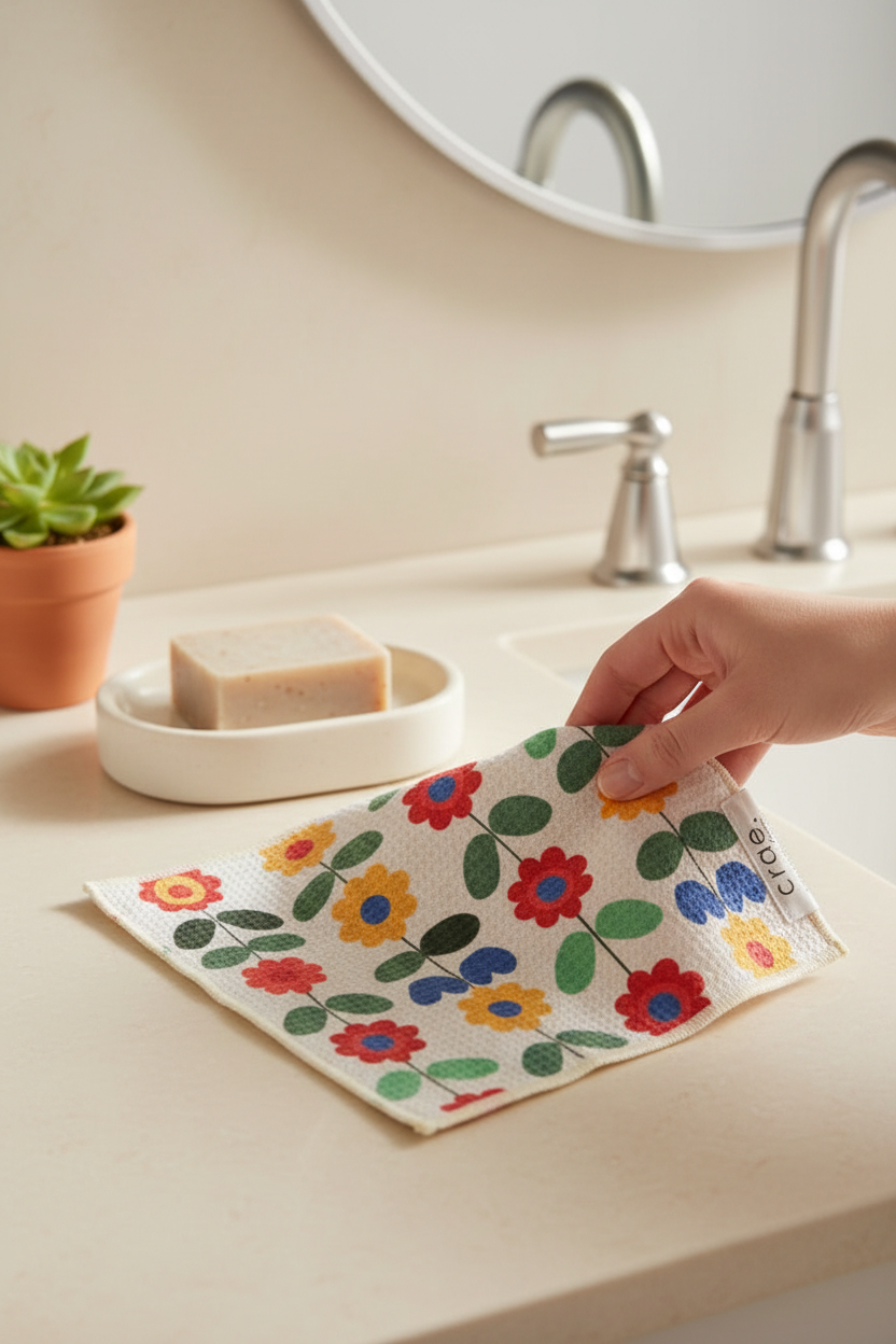 Crae.Home Double-Sided Washcloth in VW on a bathroom counter, perfect for everyday use in the bath and kitchen, and easy hostess gifts