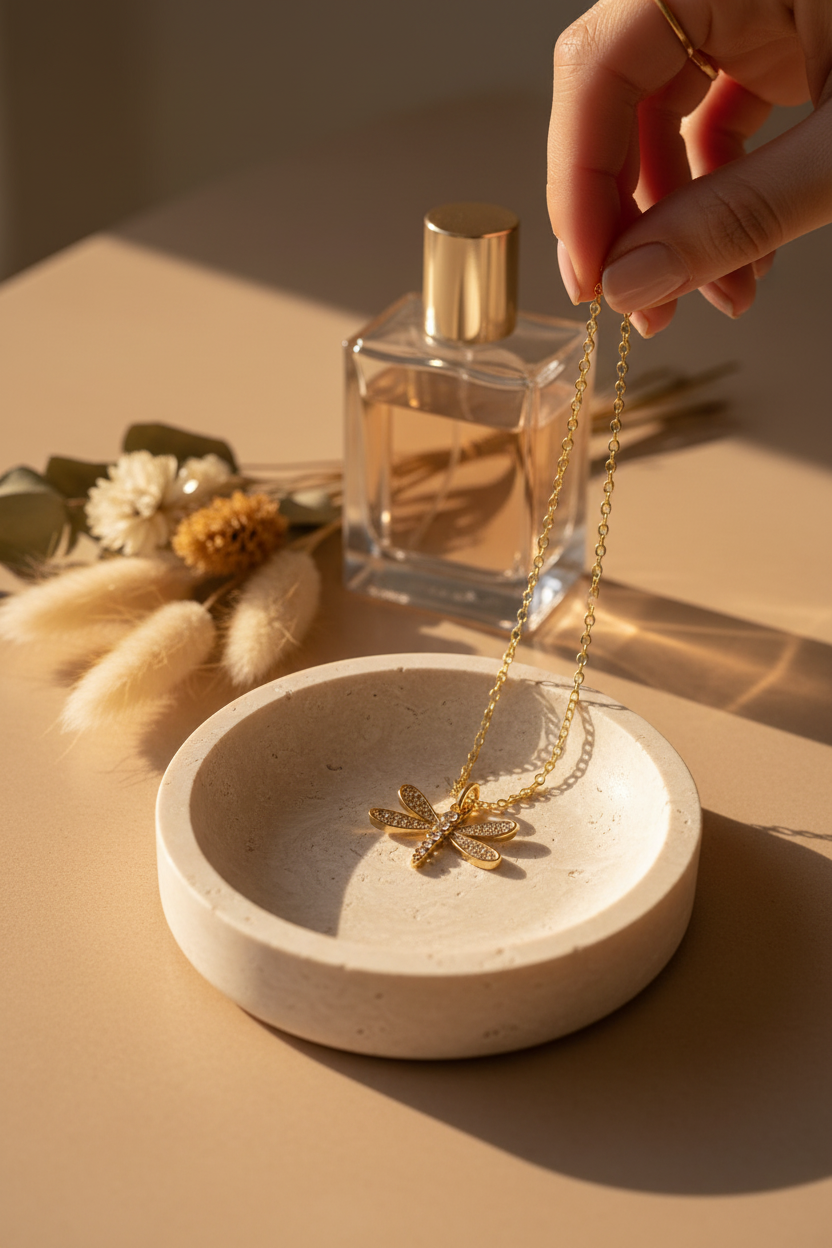 VB&CO Designs Dragonfly Dainty Necklace draped on a travertine jewelry dish, perfect for layering, everyday wear and gifting