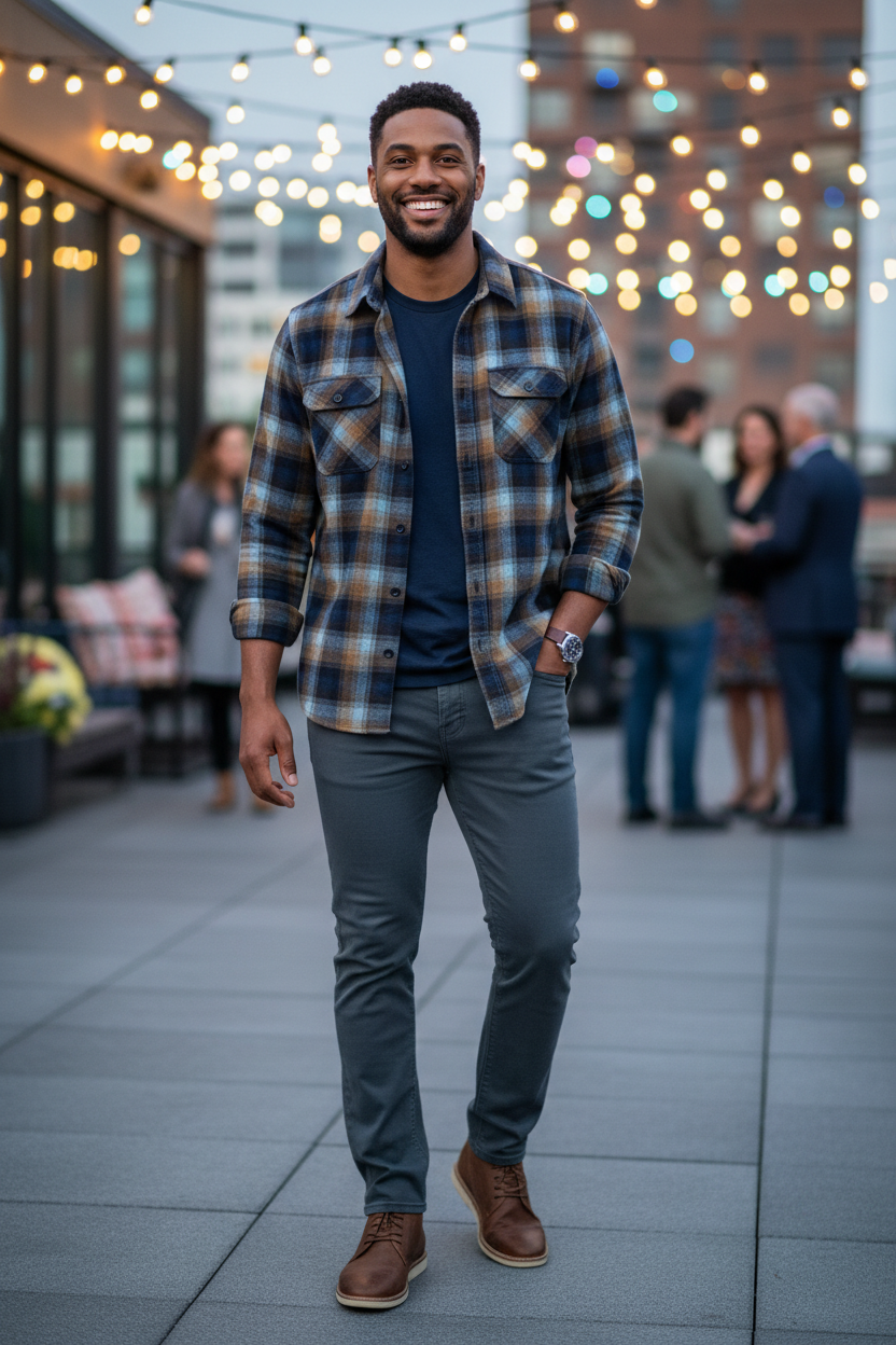Man wearing the DUER No Sweat Relaxed Taper Pants in Slate with the True Grit Cabin L/S 2-Pocket Shirt in Blue at an evening rooftop event, an easy outfit for evening events, rooftop parties and nights out