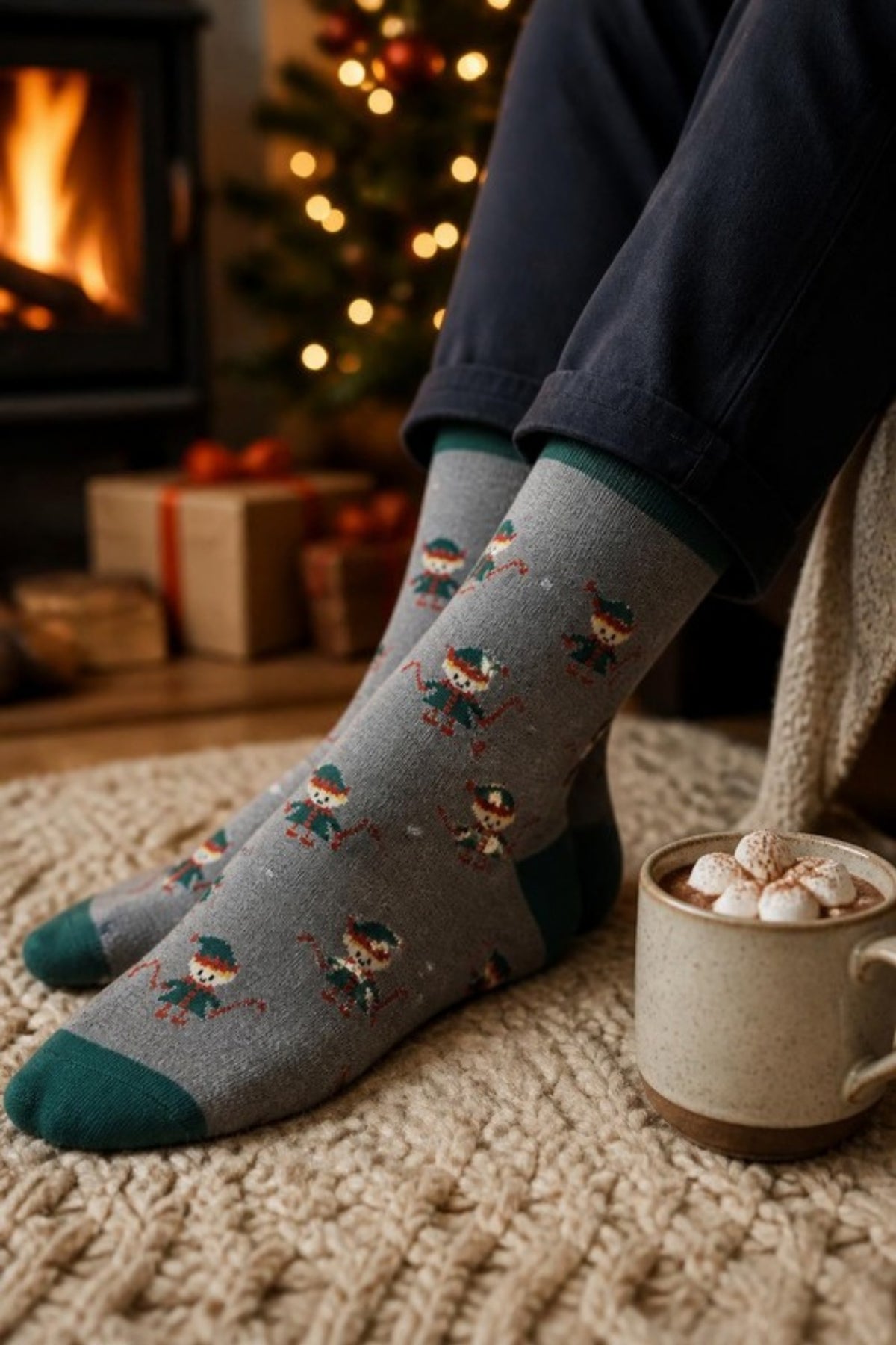 Johnston & Murphy Elf Socks in Gray worn by the fire next to the Christmas tree, cozy Pima cotton holiday socks for Christmas morning, family gatherings and ugly-sweater parties, and a perfect stocking stuffer