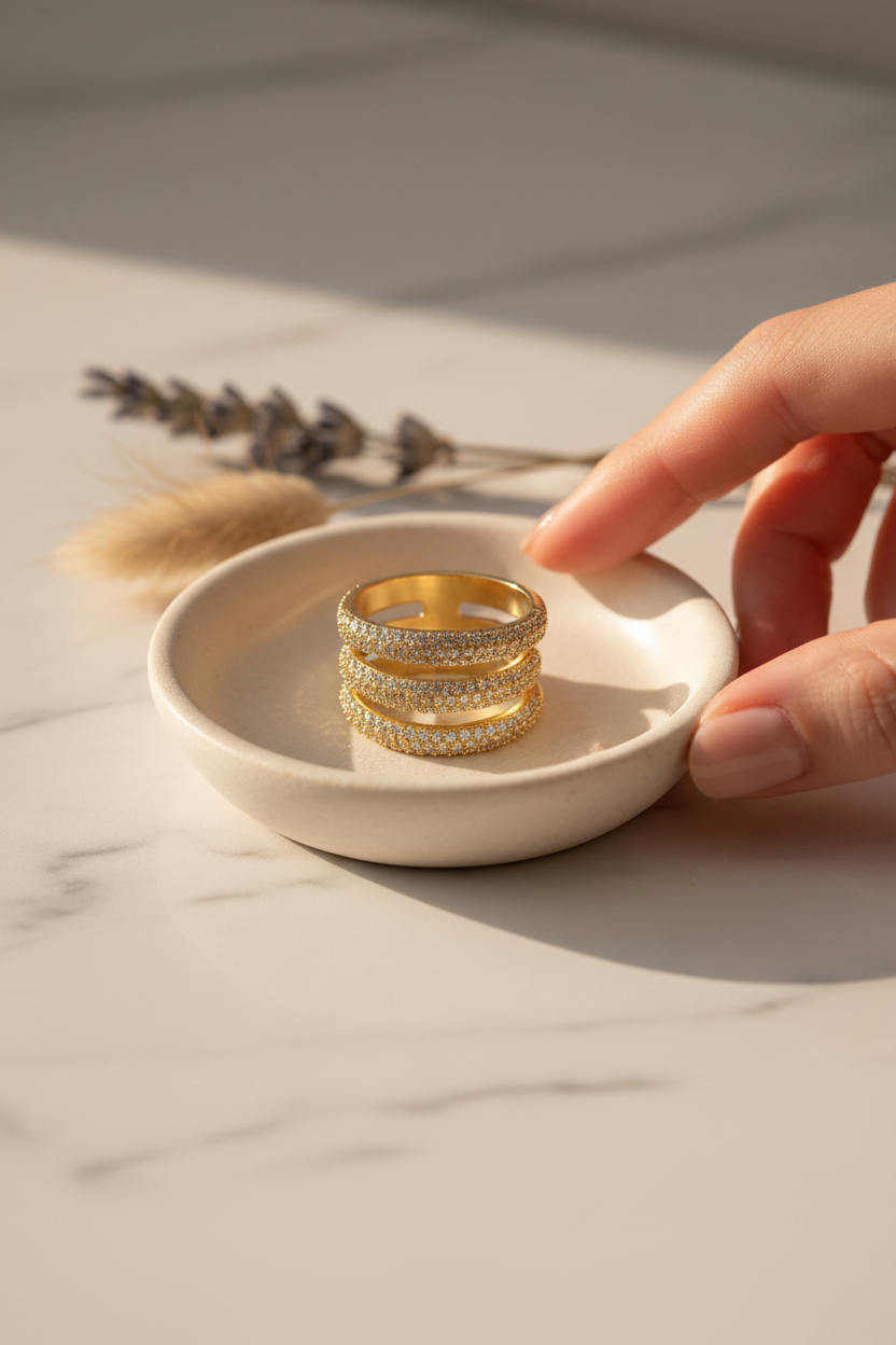 Sahira Jewelry Design Elle Pave Ring on a ceramic ring dish, perfect for stacking, everyday wear and gifting