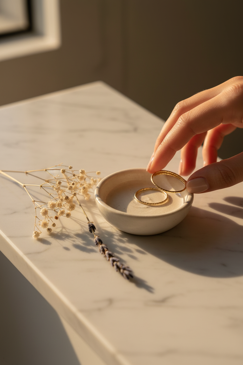 Miranda Frye Emmy Rings on a ceramic ring dish, perfect for stacking, everyday wear and gifting