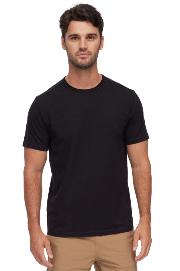 Flag & Anthem Essentials stretch crewneck tee in Black, a soft, high-quality stretch tee for everyday wear, layering, travel and weekends