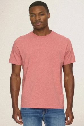 Flag & Anthem Essentials stretch crewneck tee in Coral Heather, a soft, high-quality stretch tee for everyday wear, layering, travel and weekends