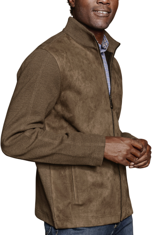 Johnston & Murphy faux-suede full-zip in Camel, a soft, polished jacket that dresses up jeans for fall dinners, travel, the office and weekend outings