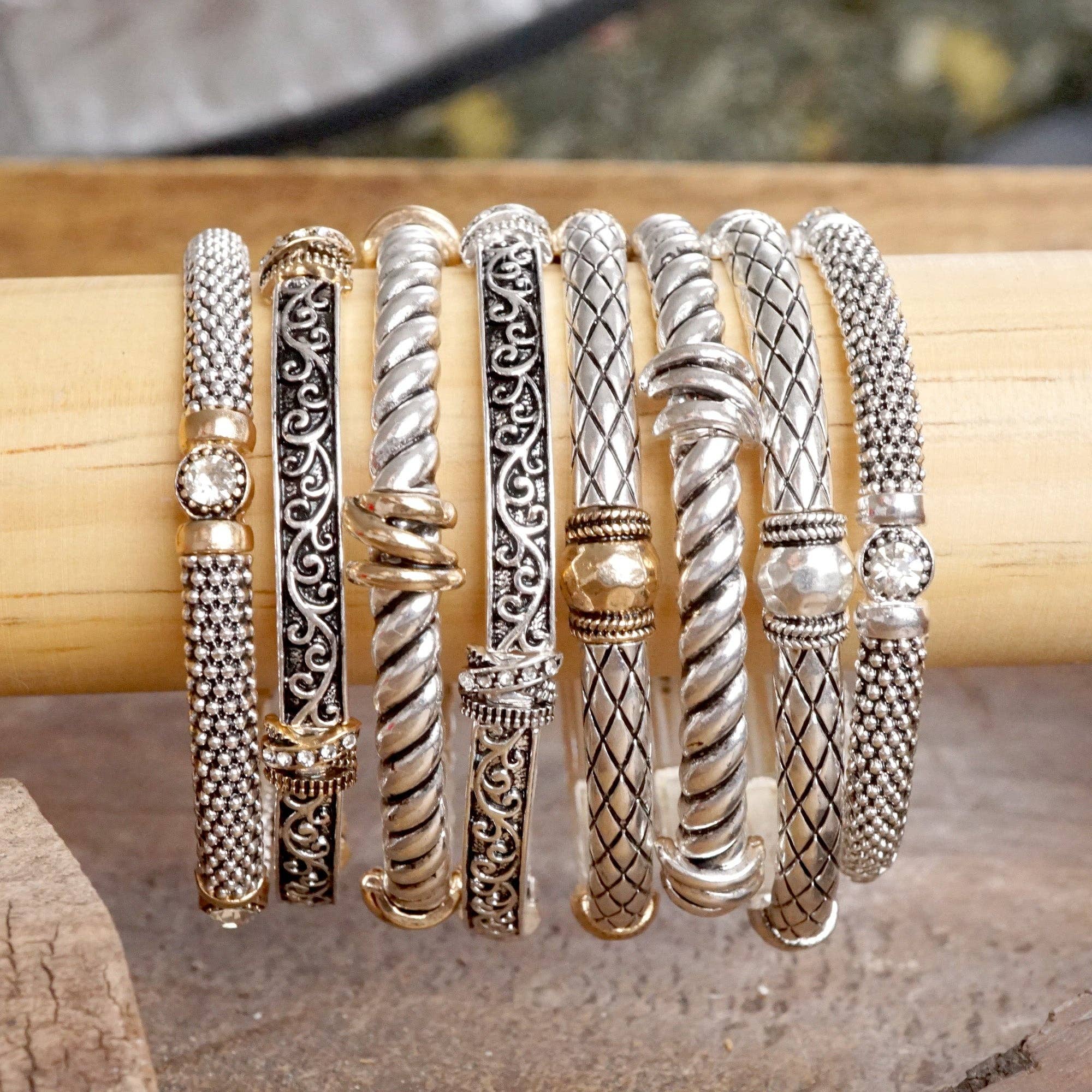 Timeless Layering Textured Bangles:Criss Cross - Silver