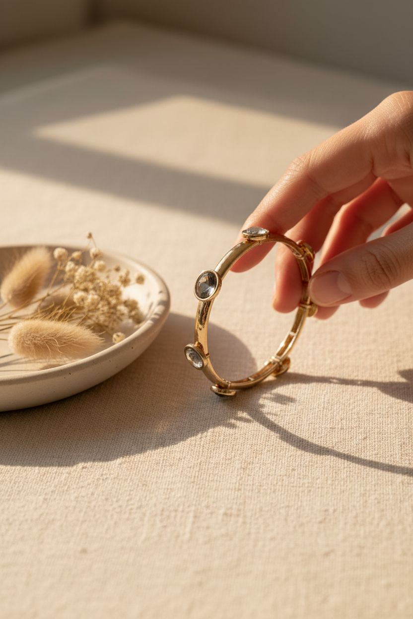 Forever Yours Bracelet in Clear styled on cream linen with dried florals, perfect for stacking, everyday wear and gifting
