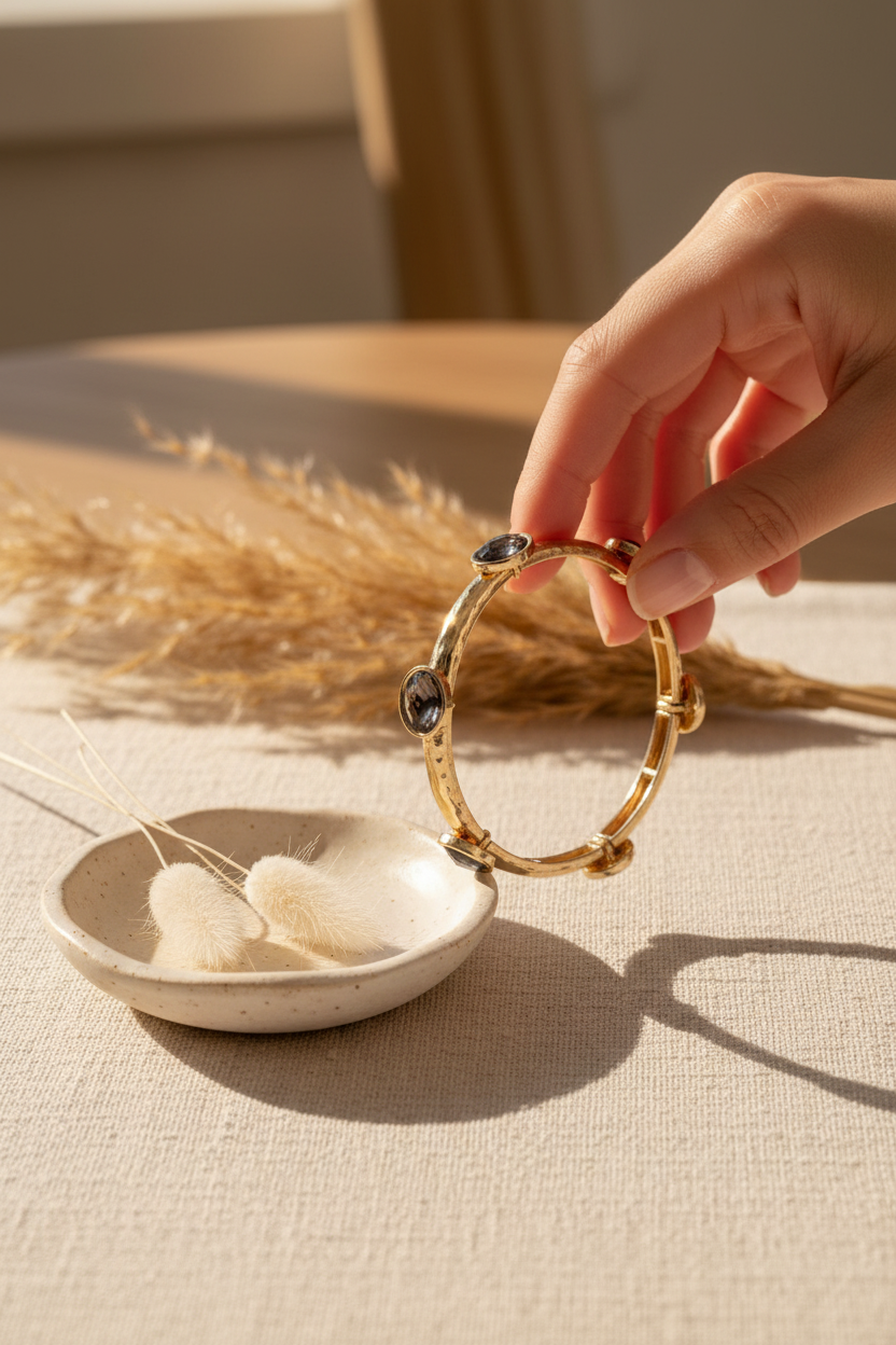 Forever Yours Bracelet in Smoke styled on cream linen with dried florals, perfect for stacking, everyday wear and gifting
