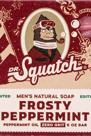 Dr. Squatch Frosty Peppermint bar soap with spearmint and peppermint, a cooling holiday men's soap that makes a perfect stocking stuffer