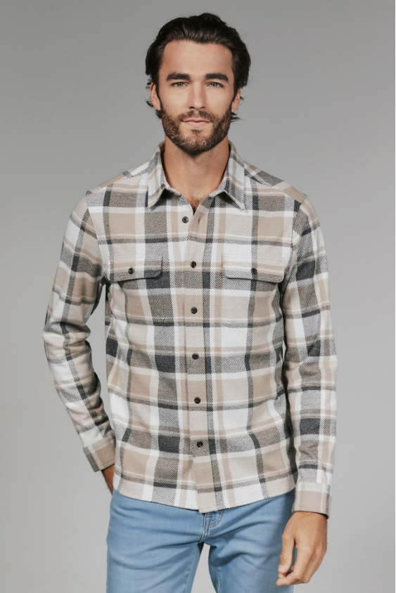 7 Diamonds Generation long sleeve shirt in Tan houndstooth, a double-knit 4-way stretch layer for fall weekends, the office, travel and dinners out