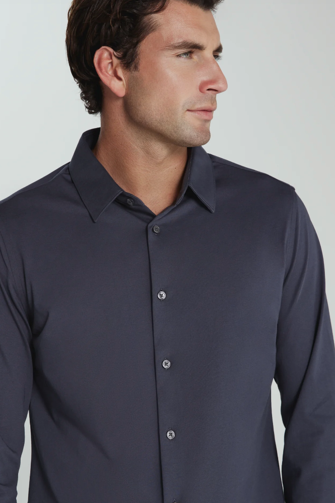 7 Diamonds Girona long sleeve in Slate, a comfortable stretch button-up for the office, date nights, weddings and dinners out