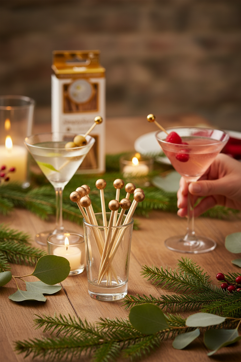 Sophistiplate gold ball bamboo party picks on a festive party table with cocktails, perfect for holiday parties, happy hours and hosting