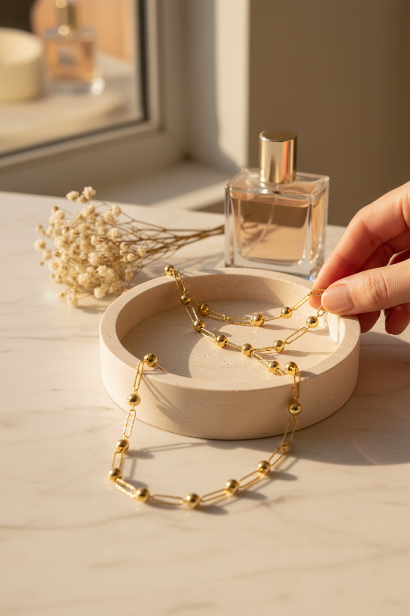 Gold Open Oval 32 inch Necklace with Gold Beads on a travertine jewelry dish, perfect for layering, everyday wear and gifting