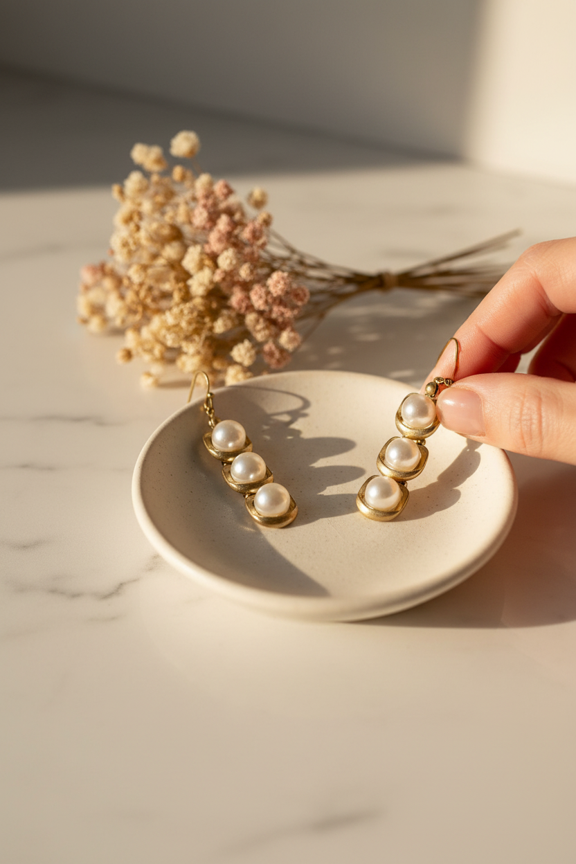 Gold Wired 3 Freshwater Pearl Earrings on a ceramic dish on a vanity, perfect for everyday wear, date nights and gifting