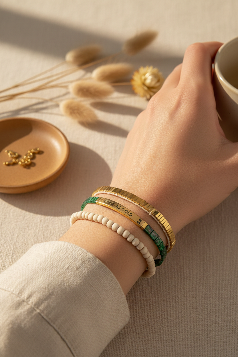 Scout Good Karma Miyuki Bracelet stacked on the wrist, perfect for stacking, everyday wear and gifting