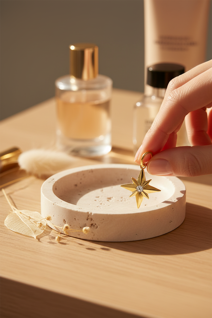 Waxing Poetic Guiding Star Charm on a travertine jewelry dish, perfect for layering, everyday wear and gifting