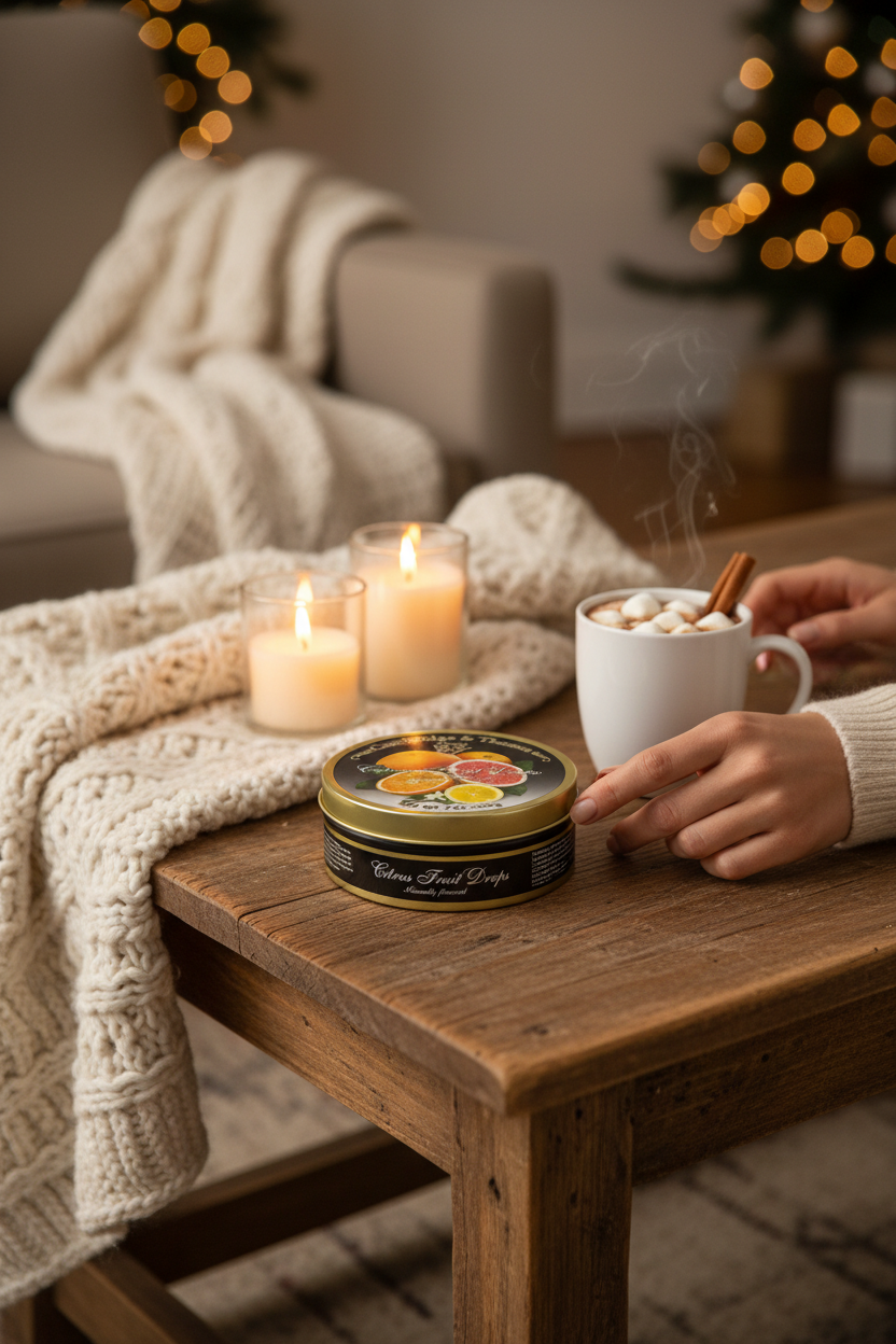 Citrus Fruit Hard Candy tin on a cozy holiday coffee table, perfect for holiday candy dishes, stocking stuffers and hostess gifts