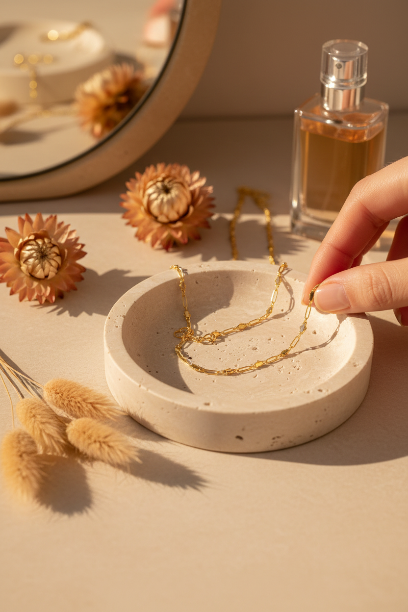 Miranda Frye Harlow Chain draped on a travertine jewelry dish, perfect for layering, everyday wear and gifting