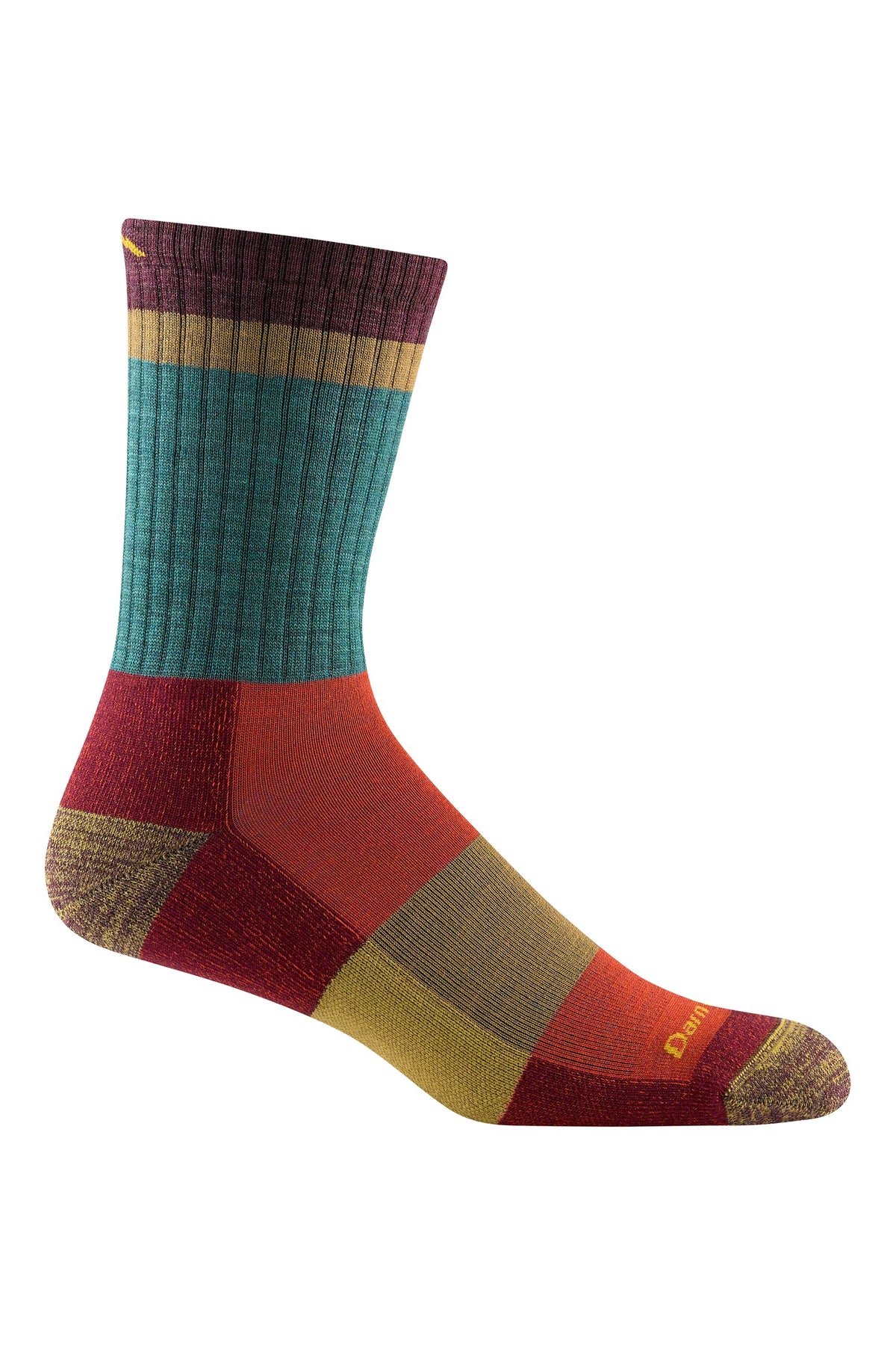 Darn Tough Heady Stripe Micro Crew Lightweight Hiking Socks in Teal, a lightweight cushioned merino hiking sock with retro stripes for day hikes, trail runs and everyday wear with boots or sneakers, guaranteed for life