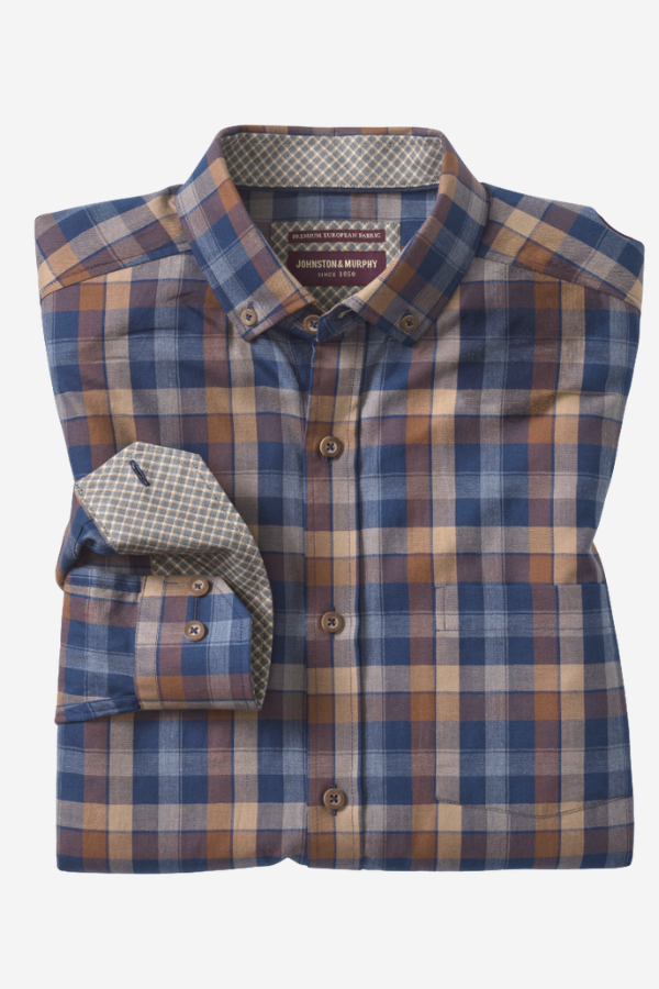 Johnston & Murphy Heathered Woven Shirt in navy/brown large plaid, a soft cotton twill button-down for business casual days, dinners out and cozy fall weekends.