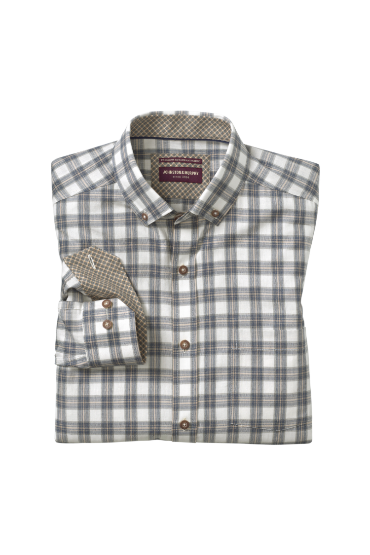 Johnston & Murphy heathered woven shirt in Navy/Tan Shadow Grid, a soft yarn-dyed button-up for business casual days, dinners out and fall weekends