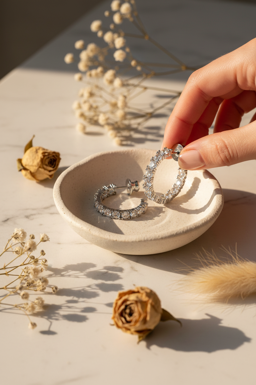 Melinda Maria Heiress Hoops 1" on a ceramic dish on a vanity, perfect for everyday wear, date nights and gifting