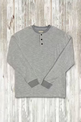 True Grit Henley with grey rib trim in heather grey, a soft vintage-feel layer for weekend errands, fall hikes and wearing under a flannel or vest.