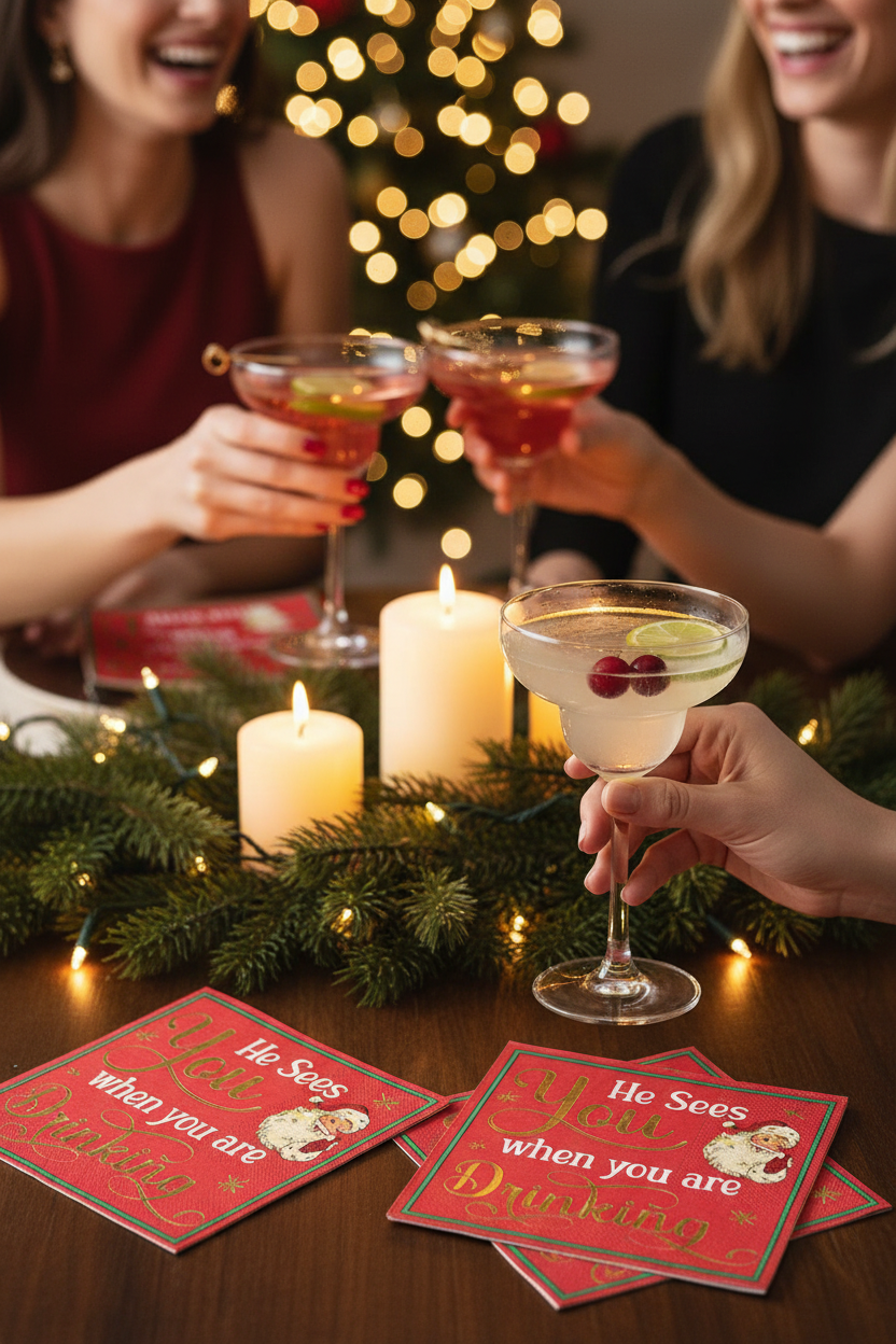 Sophistiplate 'He Sees You...' Cocktail Napkins on a festive party table with cocktails, perfect for holiday parties, happy hours and hosting