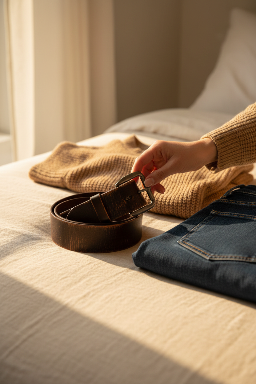 BedStu Hobo Belt styled on a cream linen bed with denim and a camel sweater, perfect for pairing with jeans, dresses and everyday outfits