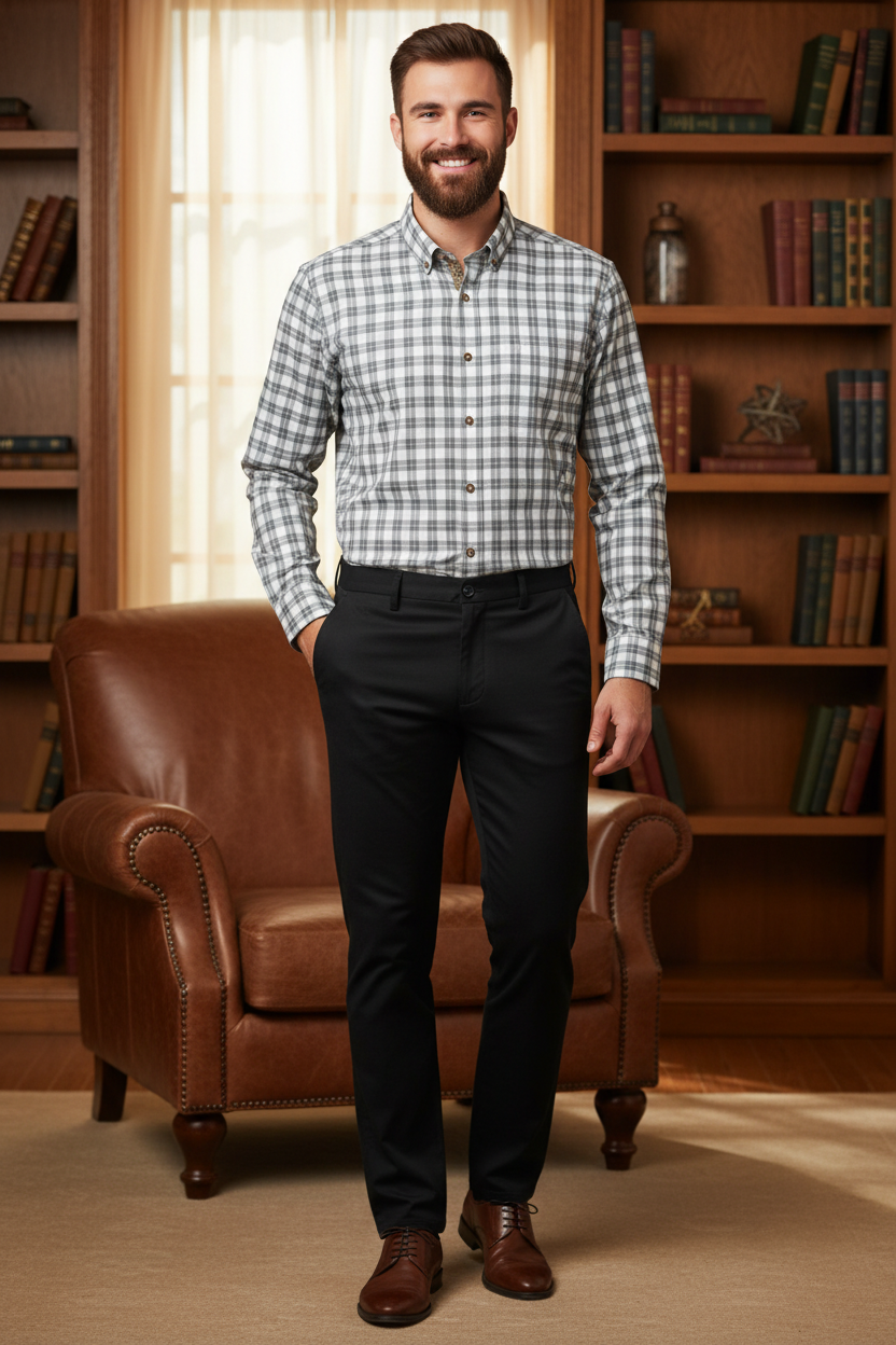 Man wearing the 7 Diamonds Infinity Chino Pant in Charcoal with the Johnston & Murphy Heathered Woven Shirt in Navy/Tan Shadow Grid at home, an easy outfit for relaxed days at home, hosting friends and easy weekends