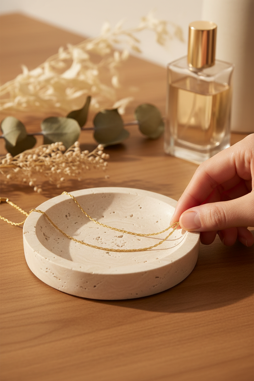 Miranda Frye Irene Chain draped on a travertine jewelry dish, perfect for layering, everyday wear and gifting