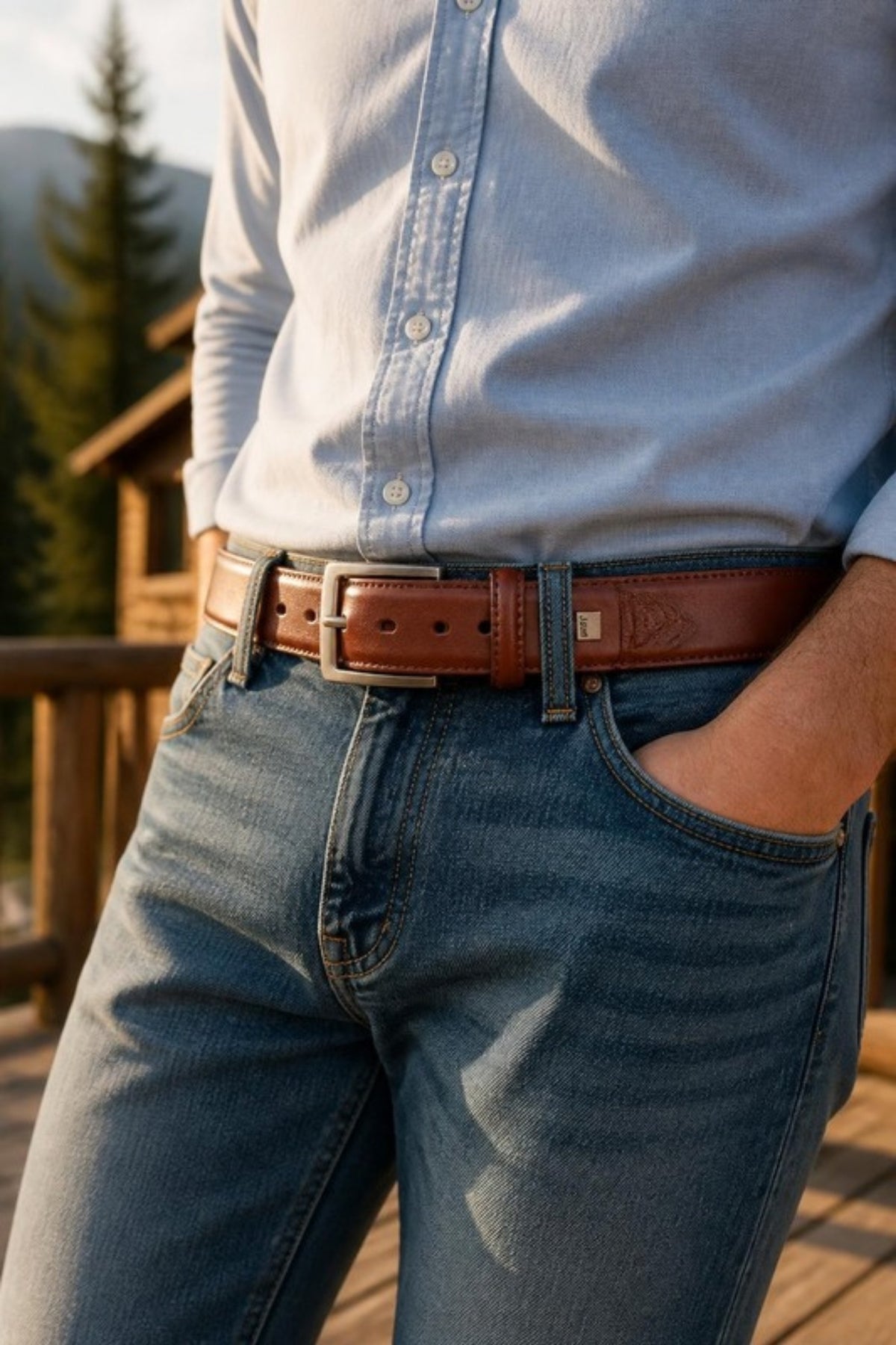 Johnston & Murphy leather belt in Brown worn with jeans and an oxford shirt on a cabin porch, a classic everyday leather belt that works with jeans on the weekend and chinos at the office