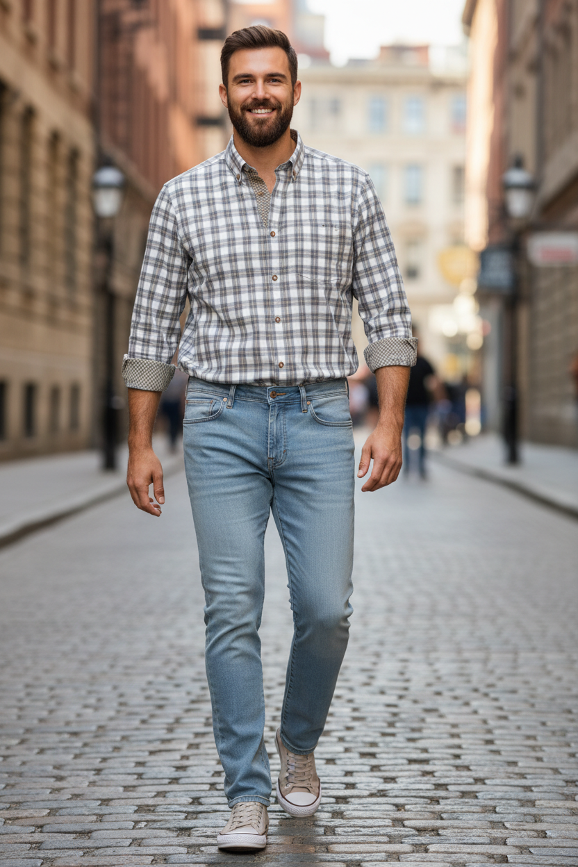 Man wearing the Liverpool Kingston Modern Straight in Palos Verdes with the Johnston & Murphy Heathered Woven Shirt in Navy/Tan Shadow Grid on a city street, an easy outfit for city strolls, shopping and weekend errands