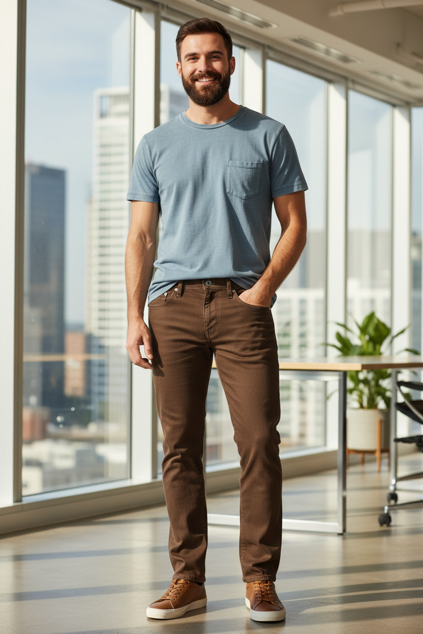 Man wearing the Liverpool Kingston Modern Straight in Chocolate Brown with the DUER PurePima Pocket Tee in Stone Blue in a modern office, an easy outfit for the office, casual Fridays and business-casual days