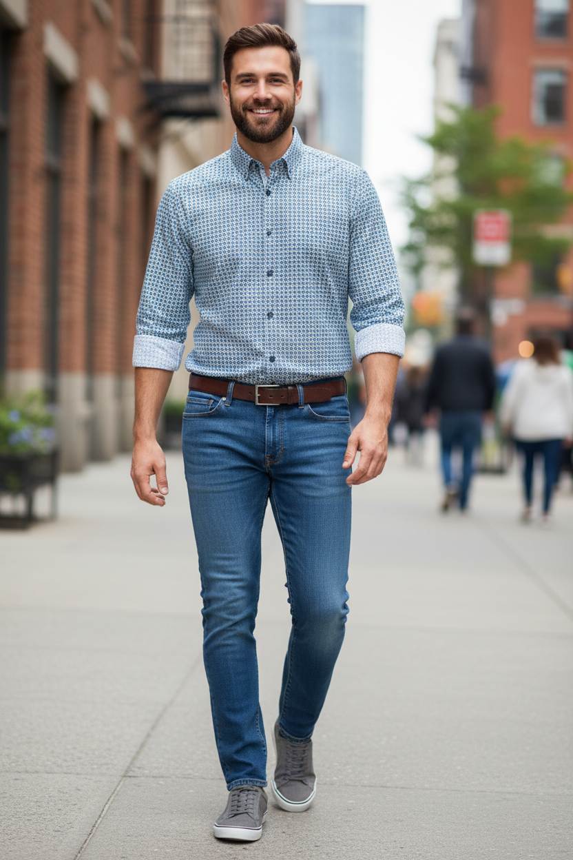 Man wearing the Liverpool Kingston Modern Straight Jeans in Palo Alto Dark with the Johnston & Murphy Printed Cotton Shirt in Blue/Brown on a city street, an easy outfit for city strolls, shopping and weekend errands