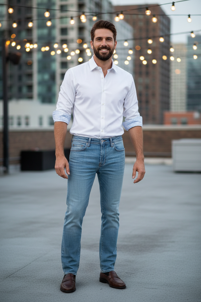 Man wearing the Liverpool Kingston Modern Straight Vintage Premium Eco in Palos Verdes with the Johnston & Murphy Non-Iron Dress Shirt in White at an evening rooftop event, an easy outfit for evening events, rooftop parties and nights out