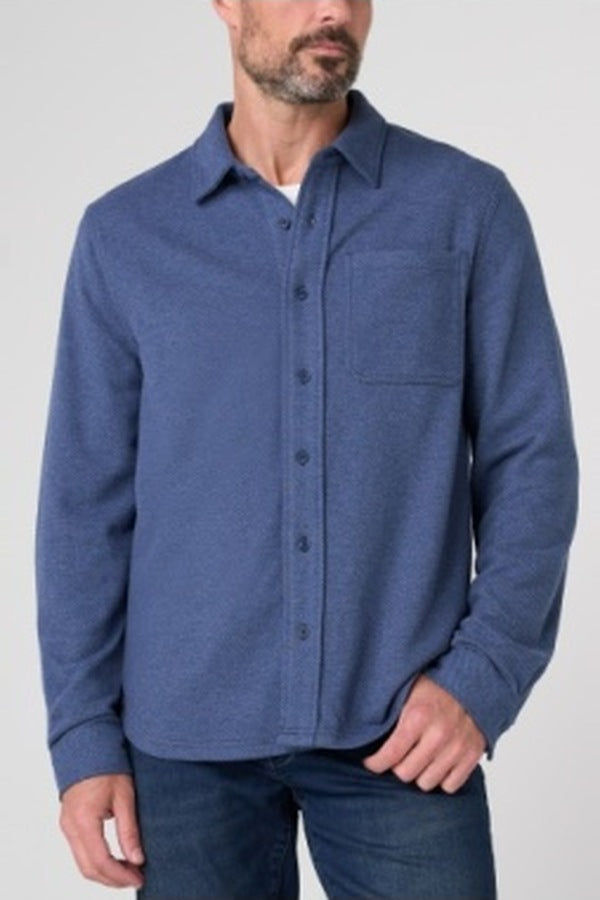 Liverpool men's knit long sleeve button up shirt in blue slate multi, a soft comfortable shirt for casual Fridays, weekends and travel