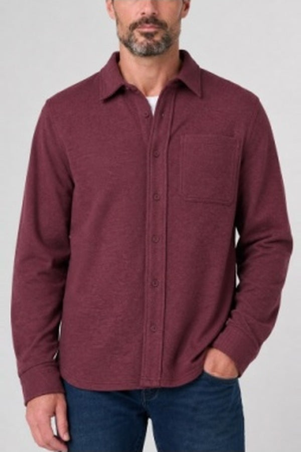 Liverpool men's knit long sleeve button up shirt with flap pockets in windsor wine, a soft cozy shirt for fall weekends, layering and casual nights out