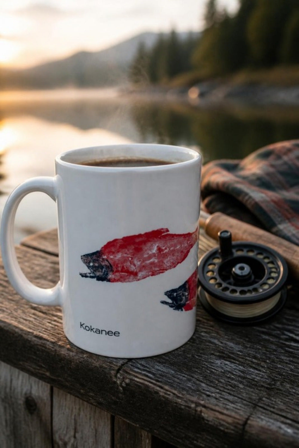 Kokanee Gyotaku coffee mug for the angler who's up before sunrise — pour a cup on the dock or at camp before hitting the lake. Original Pacific Northwest fish art that makes a great gift for fishermen and Father's Day.