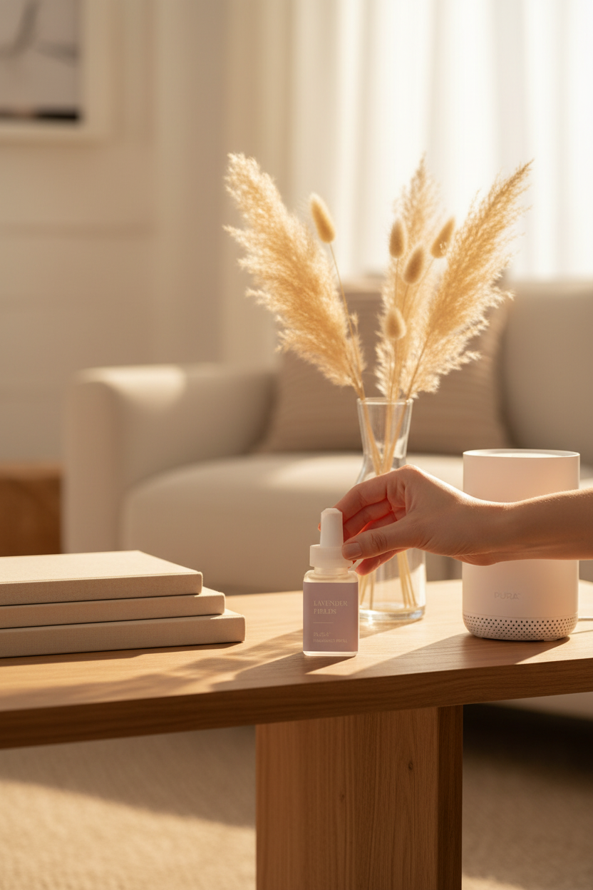 Pura Lavender Fields smart vial on a styled table in a warm living room, perfect for filling your home with fragrance and easy gifting