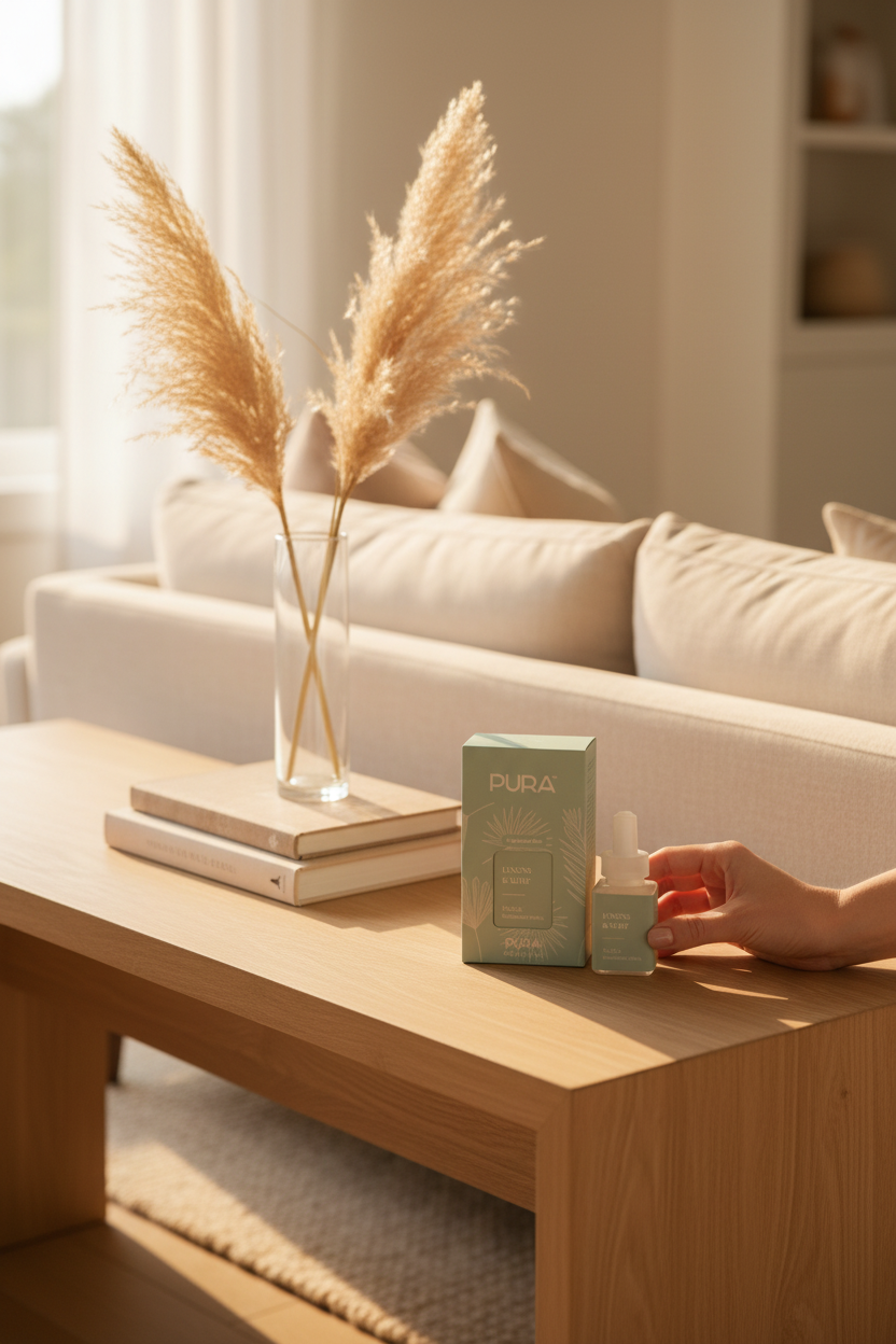 Pura Linens & Surf smart vial on a coffee table in a warm living room, perfect for filling your home with fragrance and easy gifting