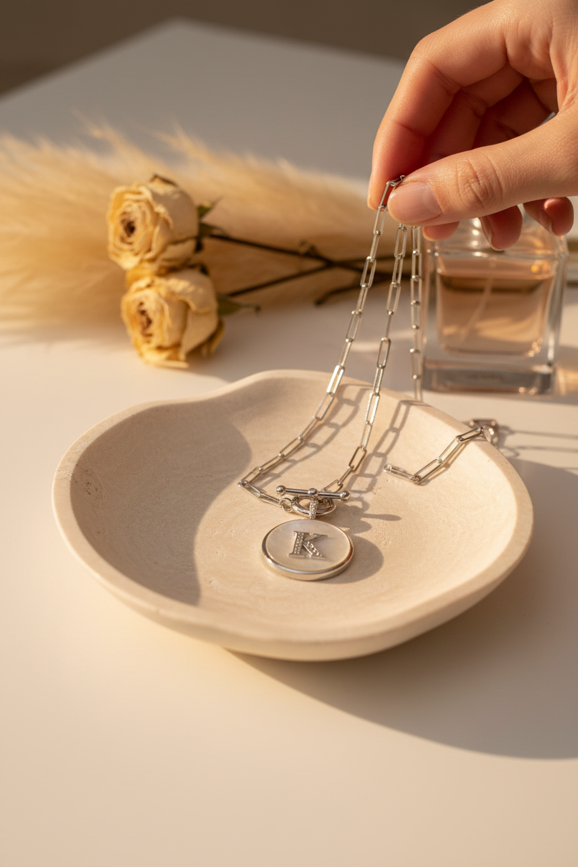Melinda Maria Love Letters Medallion Necklace with initial K in Silver on a travertine jewelry dish, a personalized piece perfect for layering, everyday wear and gifting