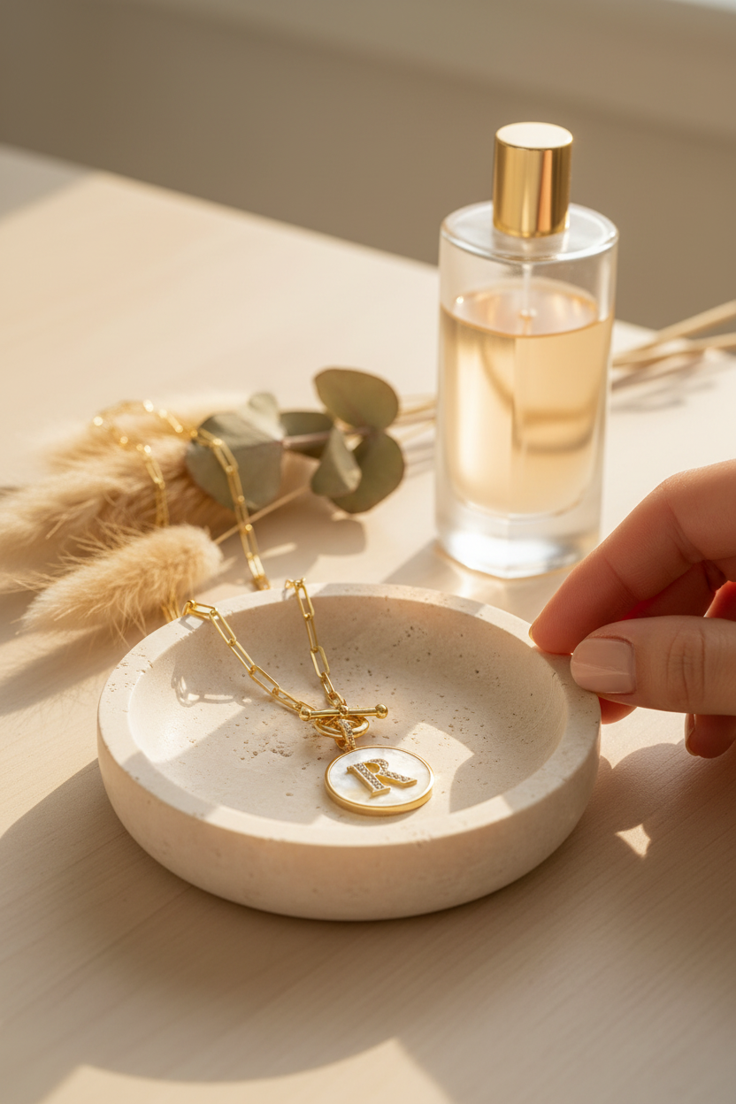 Melinda Maria Love Letters Medallion Necklace with initial R in Gold on a travertine jewelry dish, a personalized piece perfect for layering, everyday wear and gifting
