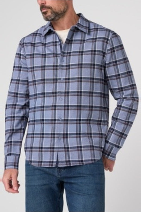 Liverpool men's long sleeve button up plaid shirt in blue wine multi, a classic flannel-style shirt for fall weekends, dinners out and layering