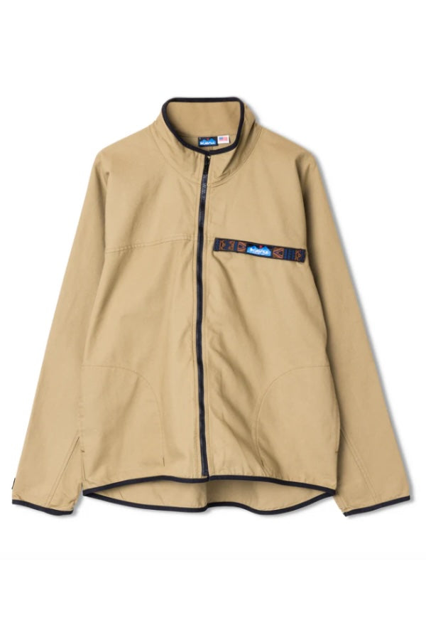 KAVU L/S FZ Throwshirt in heritage khaki, a burly 10oz cotton canvas full-zip for campfires, fishing trips and yard work, tough enough that stray embers won't ruin it.