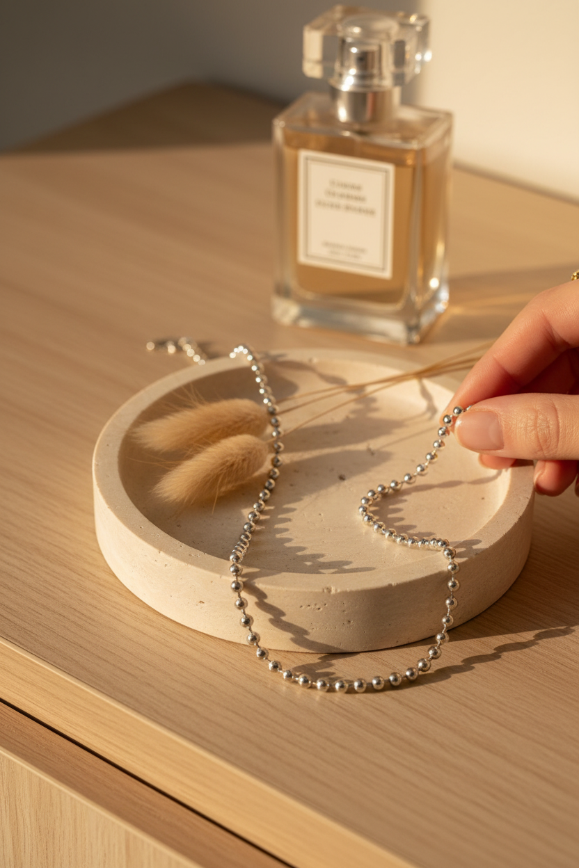 Miranda Frye Manhattan Necklace draped on a travertine jewelry dish, perfect for layering, everyday wear and gifting