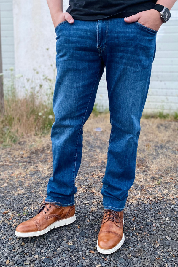 Mavi Marcus Slim Straight Jean - Mid Foggy Feather Blue, comfortable, versatile denim that dresses up for dinner or down for weekends and everyday wear