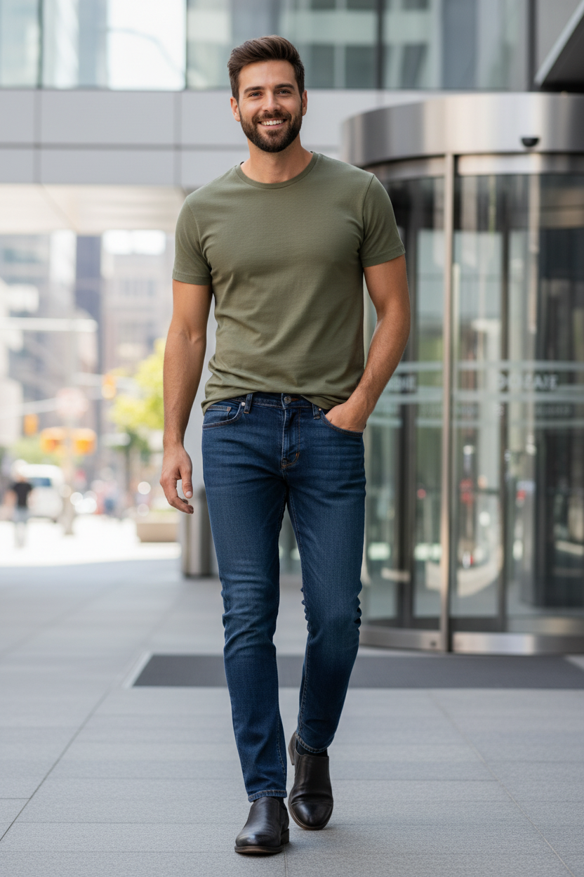 Man wearing the Mavi Marcus Slim Straight Jean in Organic Move with the Rhythm Classic Vintage Tee in Olive in a modern office, an easy outfit for the office, casual Fridays and business-casual days