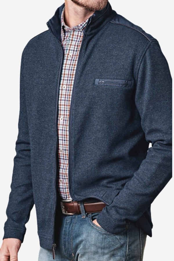 Johnston & Murphy Melange Knit Full Zip - Navy, a soft, comfortable layer for cool evenings, travel days, campfires and weekend errands